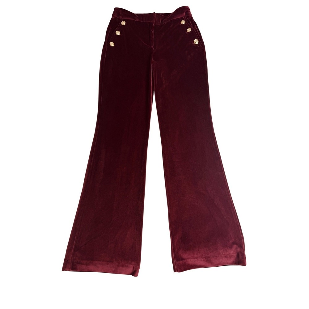 Royalcore Burgundy‎ Velvet Flares Wide Leg Sailor Pants Gold Buttons Size 2 - Picture 2 of 7